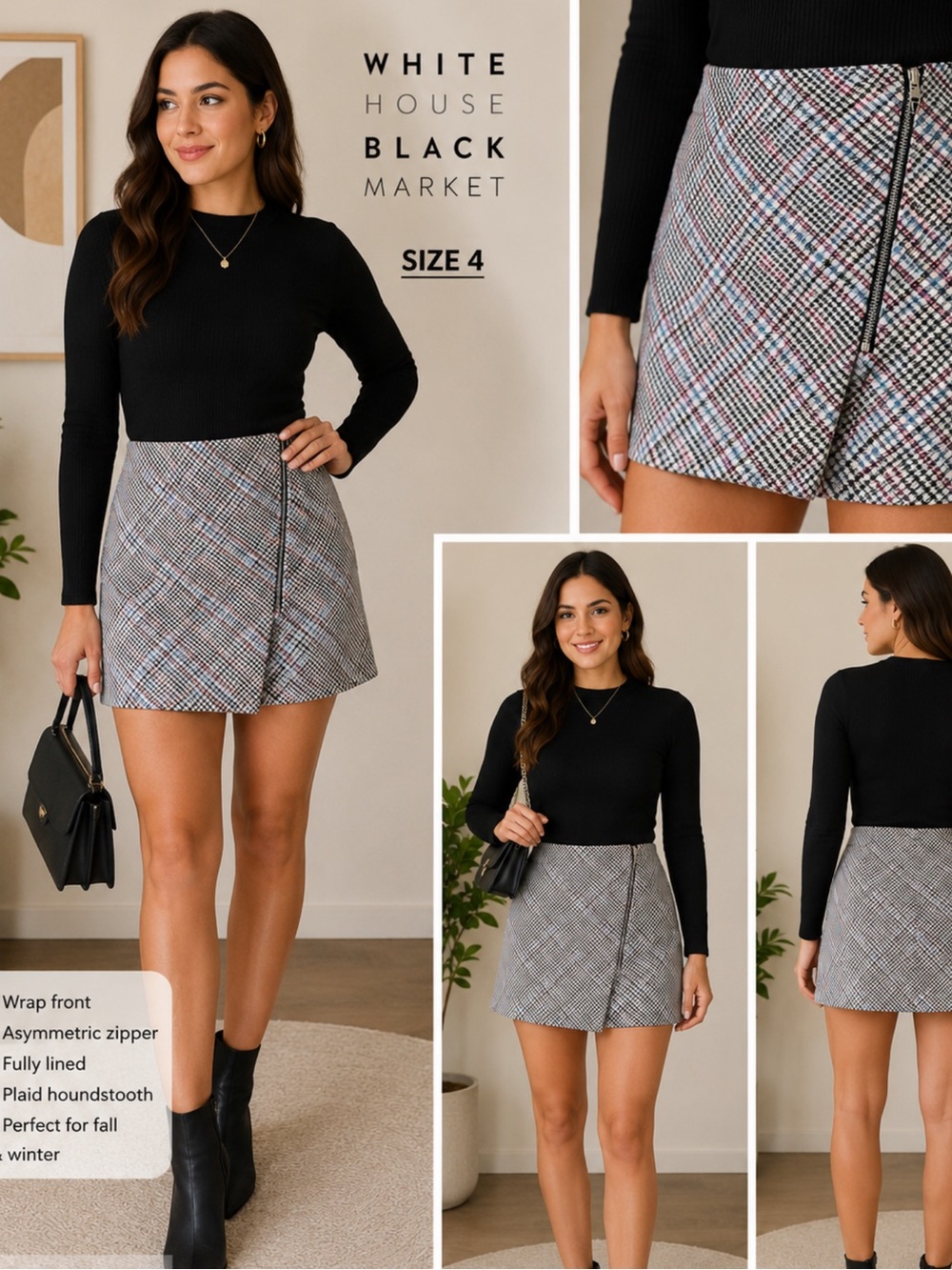 White House Black Market Plaid Wrap Mini Skirt Size 4